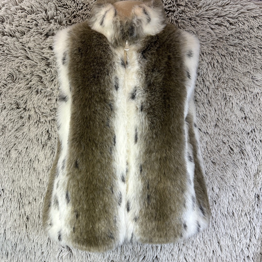 Carolina Colors Faux Fur Rabbit White Brown Zip Lined Sleeveless Vest Small